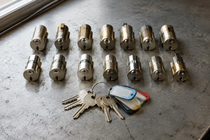Two rows of lock cylinders on a metal surface with keys and colored key tags in front.